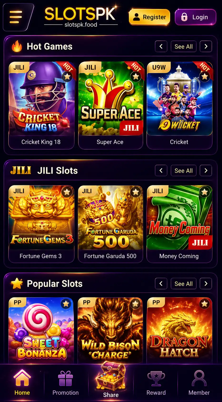 SlotsPk game library screenshot