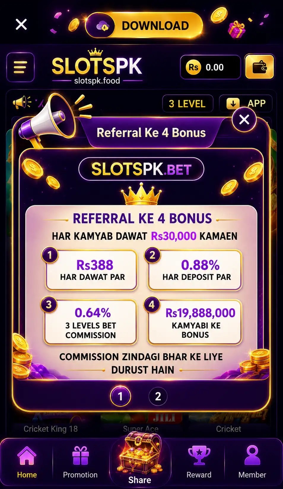 SlotsPk referral and account screenshot